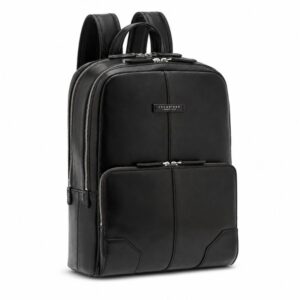 Zenvora Men’s Black Leather Laptop Backpack Two Zips