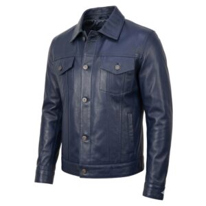Blue Leather Trucker Jacket