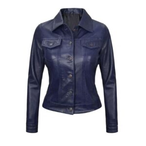 Blue Leather Women Trucker Jackets
