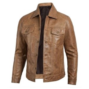 Camel Brown Leather Trucker Jacket