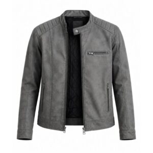 Grey Faux Leather Biker Jacket