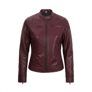 Maroon Leather Moto Jacket Women