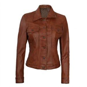 Cognac Brown Trucker Leather Jacket